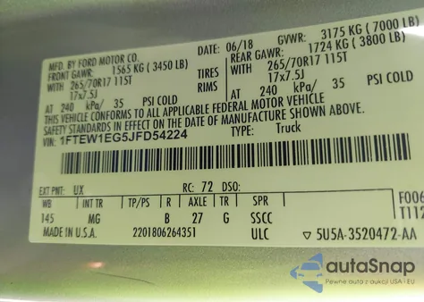 2018 Ford F-150 Xlt z USA, uszkodzony, nr VIN 1FTEW1EG5JFD54224